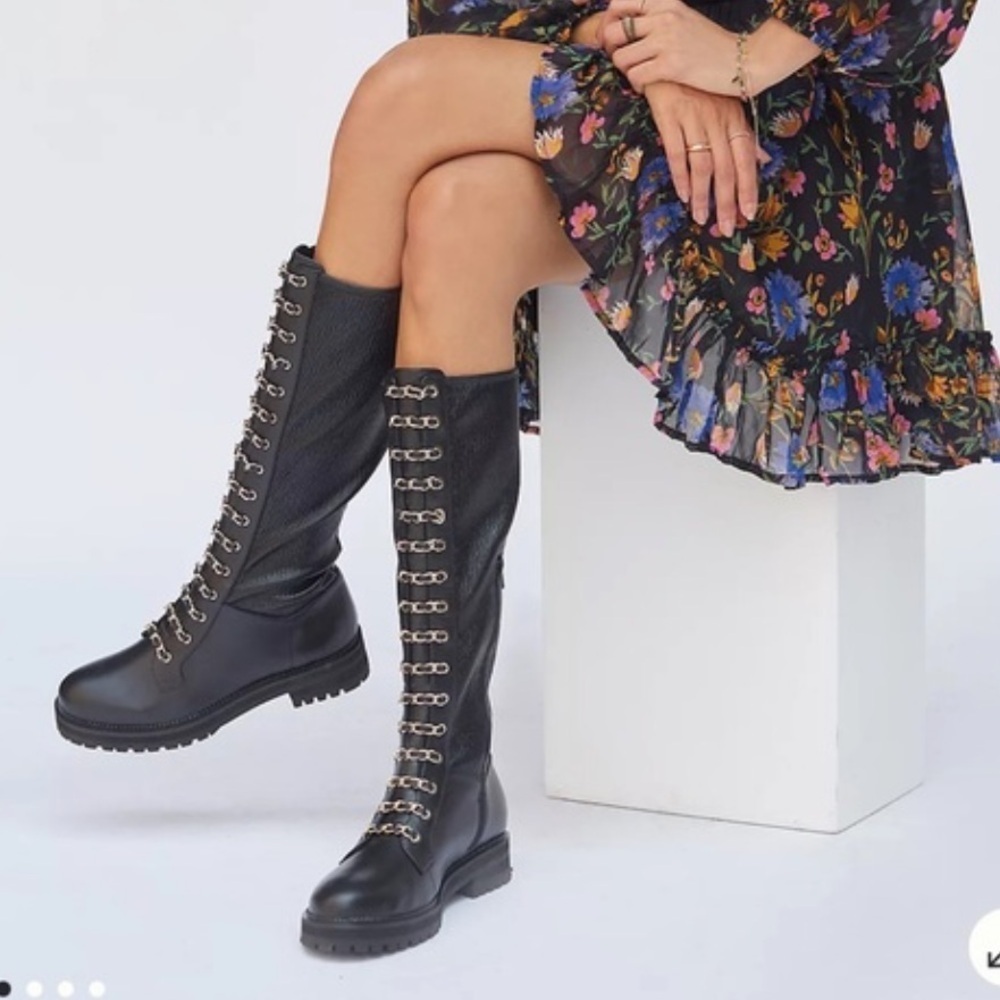 Cecelia New York Gold Chain Lace Knee High Tiny Leather Boot 8.5 Black